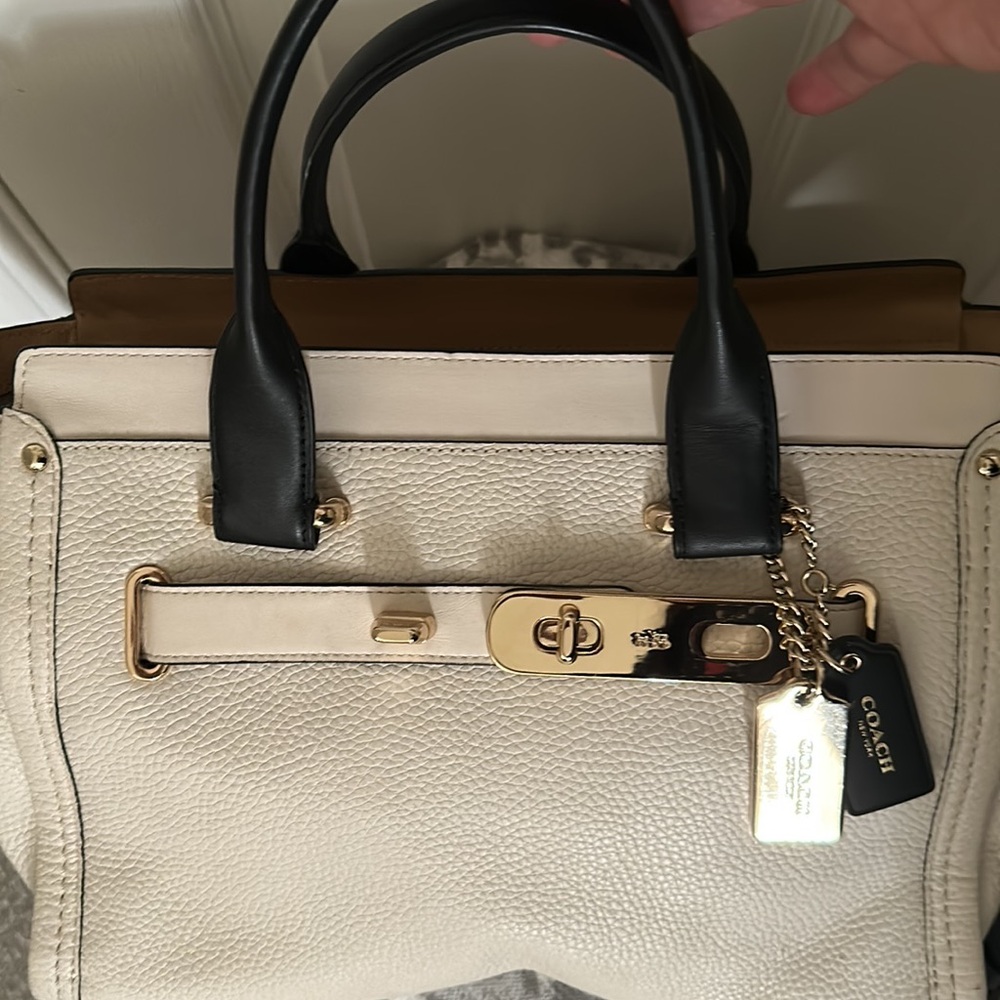 NWOT Coach cream with black Leather carryall